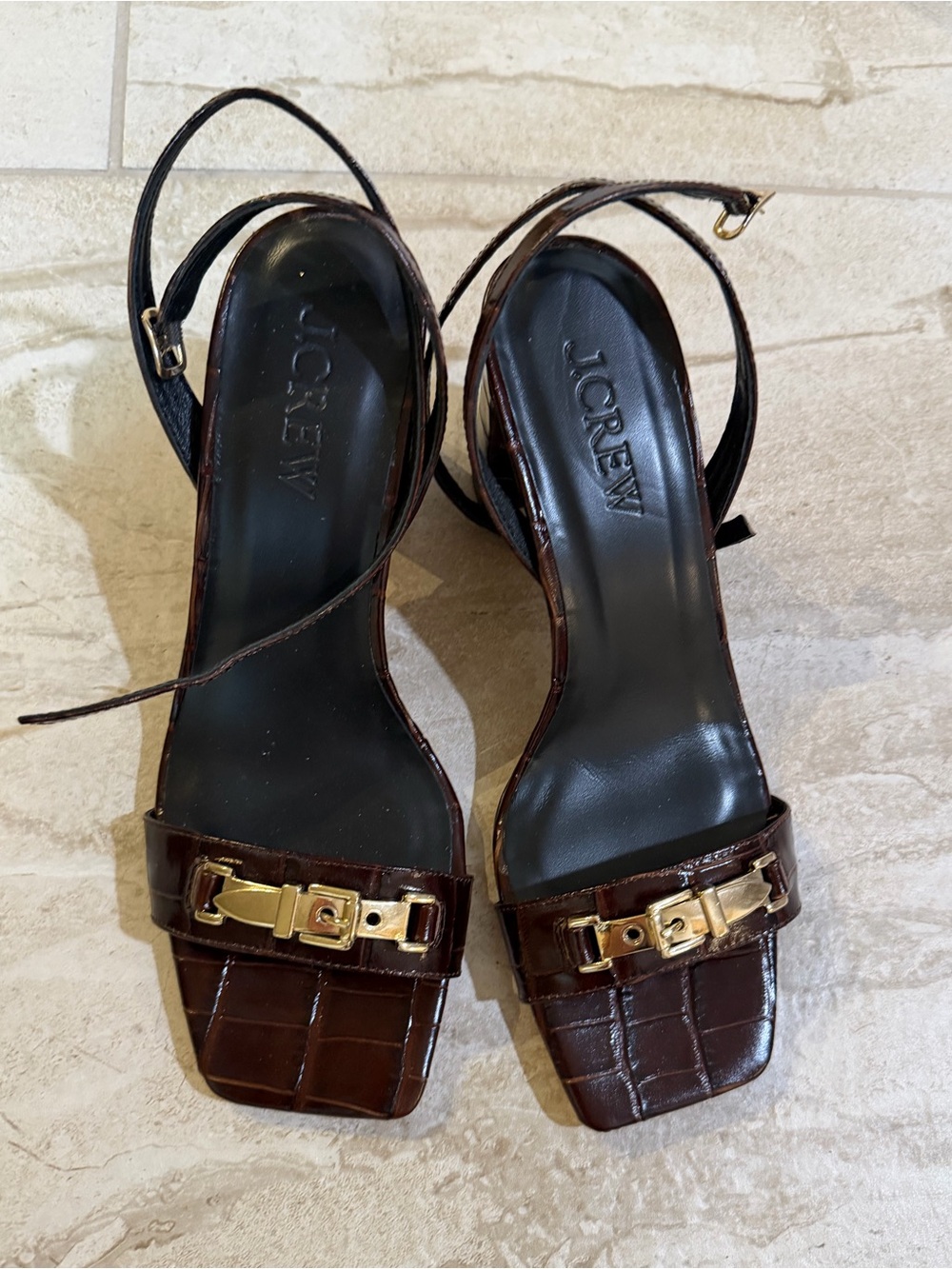 J. Crew Evelyn buckle-strap sandal heels in croc-embossed Italian leather - Picture 3 of 5